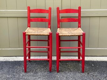 Vintage Painted Solid Wood Counter Stools With Rush Seats- A Pair