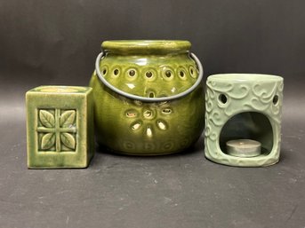 Three Lovely Candle Holders In Green Ceramic