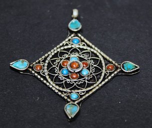 Vintage Low Grade Silver Pendant Turquoise And Coral Stones