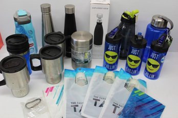 Large Mixed Lot Of Stainless Steel Coffee Mugs, Plastic Water Bottles, Etc.