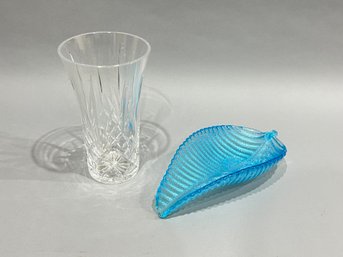 Crystal Vase And Blue Glass Leaf Dish