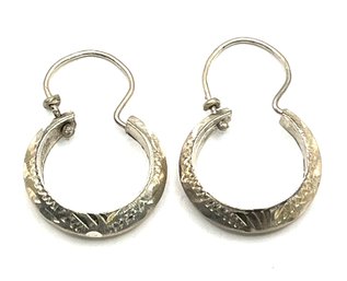 Vintage Sterling Silver Designer Etched Hoop Earrings