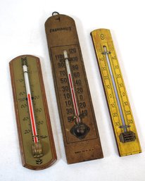Lot Of Three Vintage Wood Collectible Thermometers