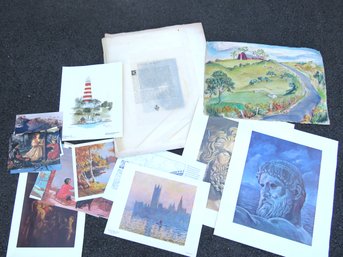 Original Watercolor Antique Etching Mixed Art Print Lot