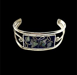 Vintage Mexican Alpaca Silver Flower Designed Inlay Cuff Bracelet