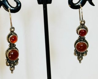 PRETTY STERLING SILVER AND REDDISH ORANGE STONE EARRINGS