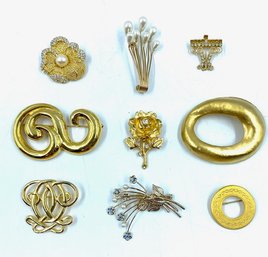 Collection Of 9 Vintage Goldtone Brooches