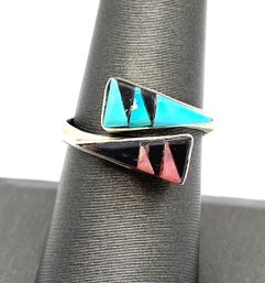 Vintage Sterling Silver Turquoise Onyx Color Wrap Ring, Size 8