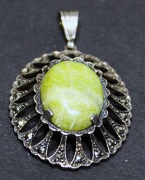 Very Fine Sterling Silver Marcasite And Green Agate Stone Pendant