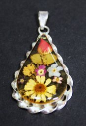 Mexican Sterling Silver Pendant Having Suspended Dried Flowers