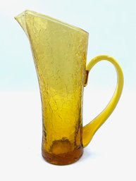 Vintage Hand-blown Asymmetric Amber Crackle Glass Pitcher