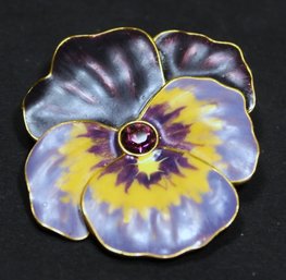 Gold Tone Enamel And Rhinestone Pansy Large Brooch Signed Joan Rivers