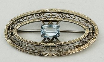 VINTAGE SIGNED KREMENTZ SILVER TONE FILIGREE AND BLUE STONE BROOCH