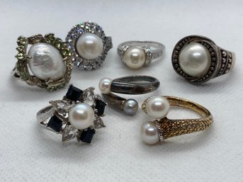Collection Of 7 Stunning Natural Pearl And Gemstone STERLING SILVER Rings