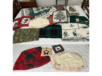 Huge Collection Of Christmas Tablecloths, Placemats, Blankets, & Pillows