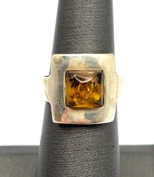 Vintage Sterling Silver Amber Color Square Ring, Size 6.5