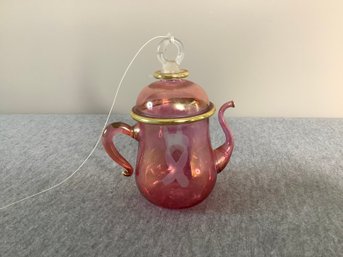 Cranberry Glass Ribbon Tea Pot Ornament