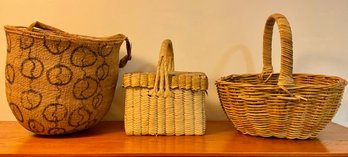Yanomami Handwoven Basket With Charcoal Designs, Brazil & 2 Other Woven Baskets