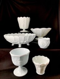 Collection Of 6 Vintage Milk Glass Pieces In Grapes & Leaves Motif