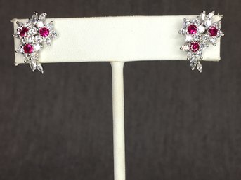 Stunning Brand New 925 / STERLING SILVER Earrings With Garnets And Sparkling White Zircons - VERY Pretty !