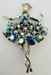 BEAUTIFUL BLUE AURORA RHINESTONE SILVER TONE BALLERINA DANCER BROOCH