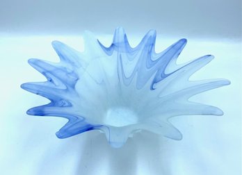 Unique Blue & White Frosted Art Glass Console Bowl