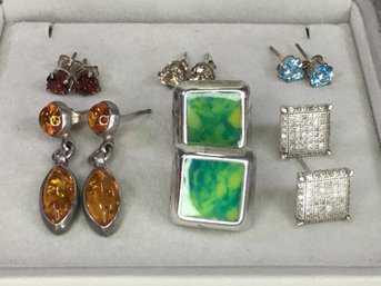Lot Of Six Pairs Of Vintage Sterling Earrings - Amber - Green Turquoise - Aquamarines - Garnet - Smoky Topaz