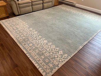 Large Full-room Pottery Barn Area Rug In Dusty Blue/green With Cream Lattice Border