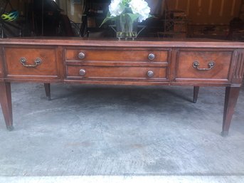 Vintage Leather Top Coffee Table With Drawer And Front Castor Wheels