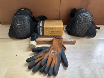 Mix Lot: Safety Gloves, Knee Pads, Bostich Nails & Double Sided Rubber Mallet