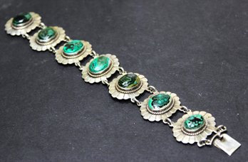 Very Fine Sterling Silver Link Bracelet Southwestern Mexican Green Turquoise