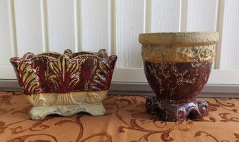 Two Deep Burgundy And Earthtone Colored Fired Clay Planters Rectangular And Round