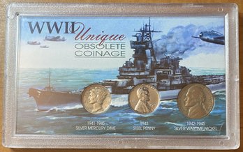 WWII Unique Obsolete Coinage Silver Mercury Dime, Steel Penny, War Time Nickel Encased