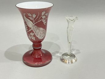 Sterling Overlay Peacock Vase And Sterling Bud Vase