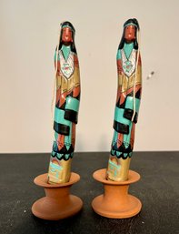 Paif Of Native American Candles In Ceramic Base - Signed