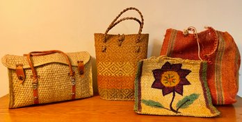 4 Woven Bags, Some With Leather Straps