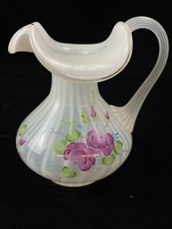 Fenton Hand-Painted Floral Motif French Opalescent Pitcher