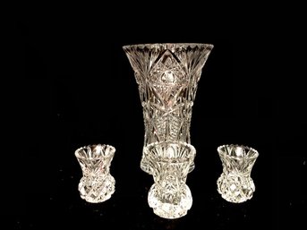 Tall Cut Crystal Vase W/ 3 Diminutive Cut Glass Bud Vases