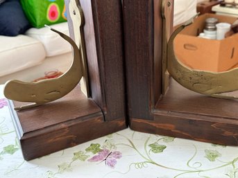 Pair Brass Whale Bookends On Wood Base