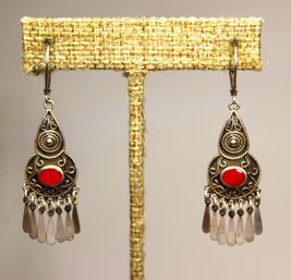 Fine Pair Sterling Silver Pierced Earrings Having Red Stones & Tassels