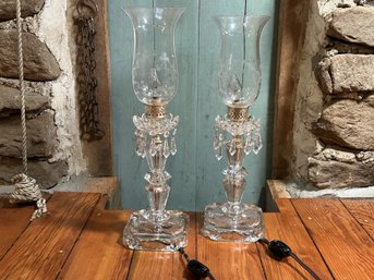 A Striking Pair Of Vintage Buffet Lamps In Etched Glass & Cut Crystal