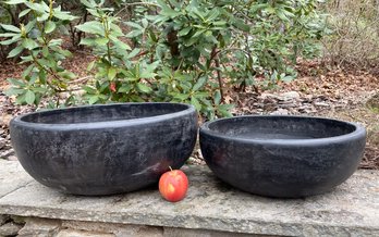 Pair Of Black Terracotta Low Bowl Planters