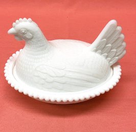 White Milk Glass Nesting Hen Candy Dish