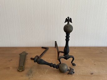 Pair Of Andirons For Parts With Bent Brass Match Holder