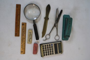 Mixed Vintage Office Lot With Swingline Cub Stapler, Letter Opener, Scissors, Magnifying Glass, Calculator Etc
