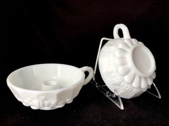 Pair Of Single Finger Nappy Style Milk Glass Candle Holders