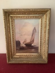 Antique Original Framed Oil Painted In Paris Of A Ship In The Sea