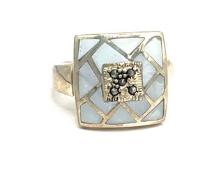 Vintage Sterling Silver Ornate Mother Of Pearl Inlay With Marcasite Center Ring, Size 8.5