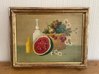 Signed Still Life Painting With Watermelon And Grapes