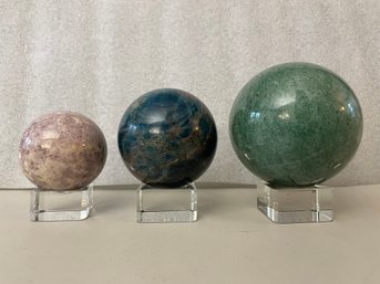 Three Spheres On Stands Including Lepidolite, Blue Apatite & Green Aventurine - Total Weight 3 Lb 11.9oz